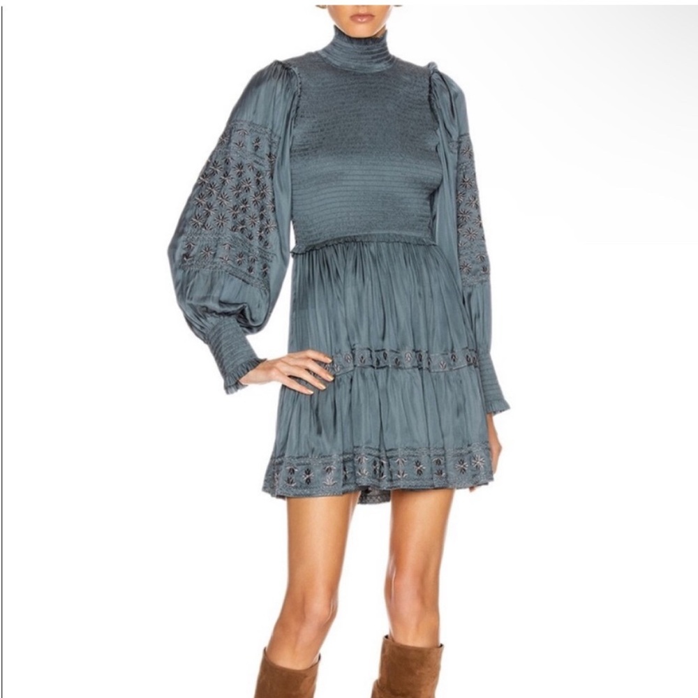 Ulla Johnson Angelica Shirred Smocked Embroidered Satin Mini Dress